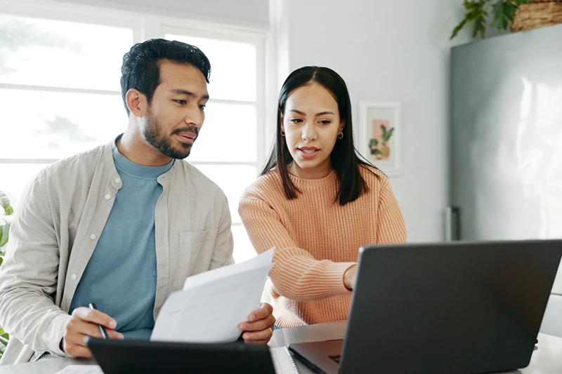 Married people, conversation and budget for insurance policy, investing or tax returns in apartment or family home